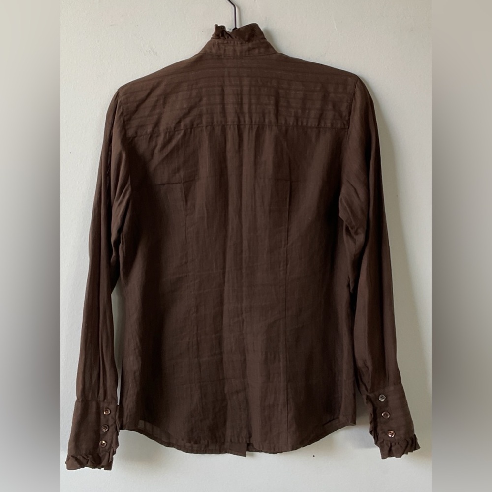 J. Crew Brown Ruffle Silver Thread Button Down Bl… - image 4